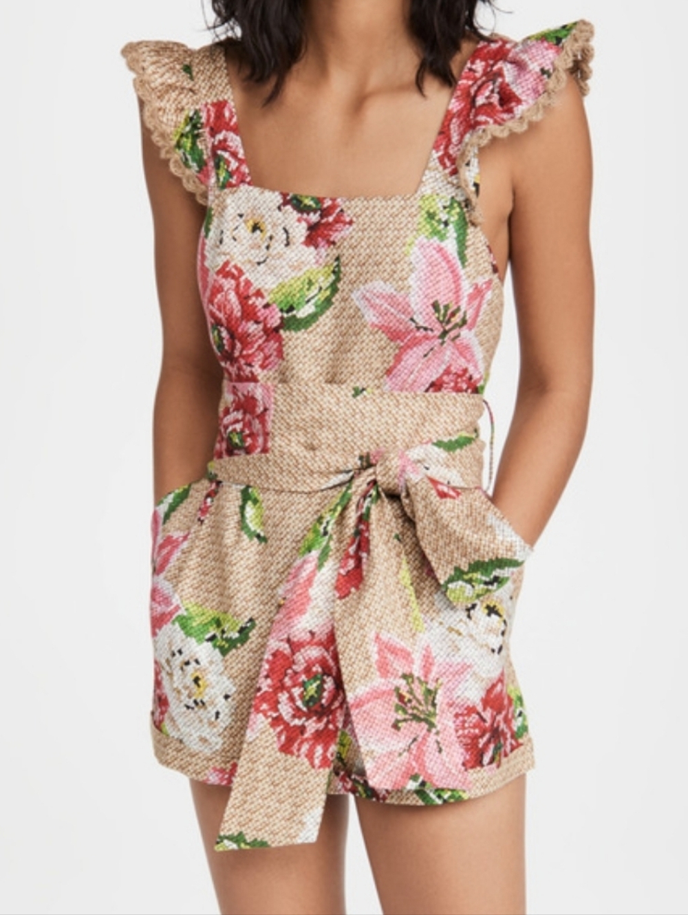NWT Farm Rio Romper Woven Floral Crossed Back Frilled 100% Linen Multi Boho MD - Picture 4 of 16
